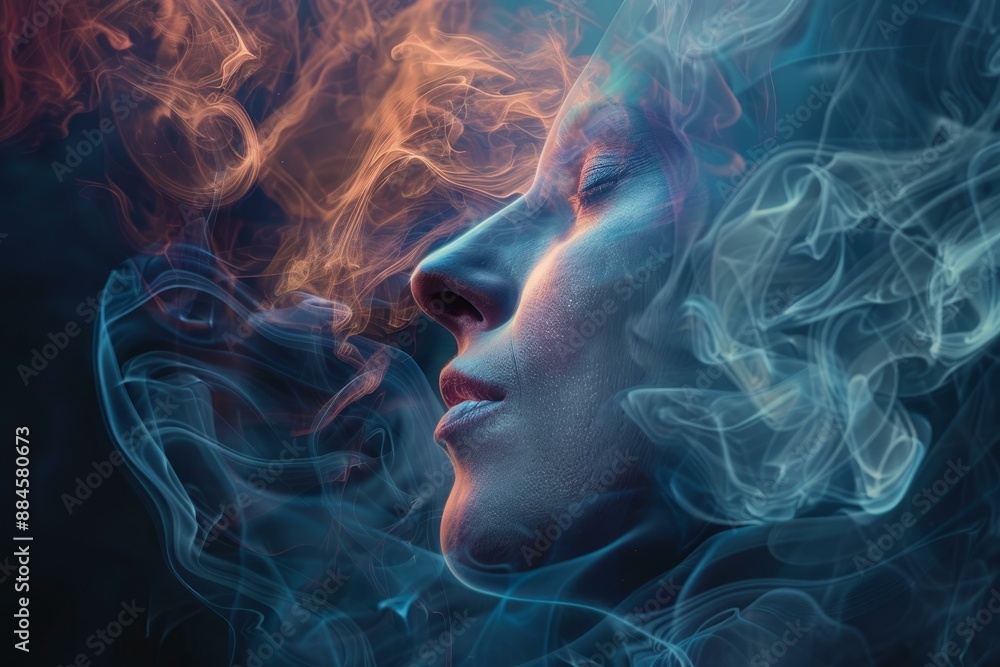 Artistic image capturing a serene female face amidst vibrant smoke trails on a dark background Artistic image capturing a serene female face amidst vibrant smoke trails on a dark background