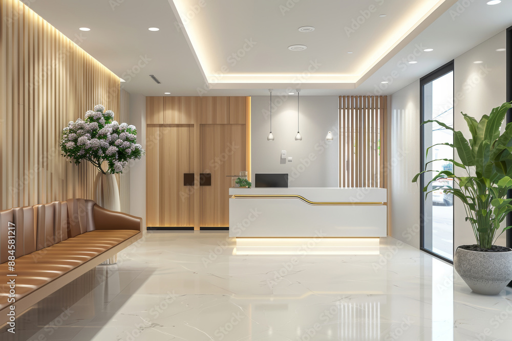 A contemporary clinic reception area with white marble flooring and wooden accents A contemporary clinic reception area with white marble flooring and wooden accents