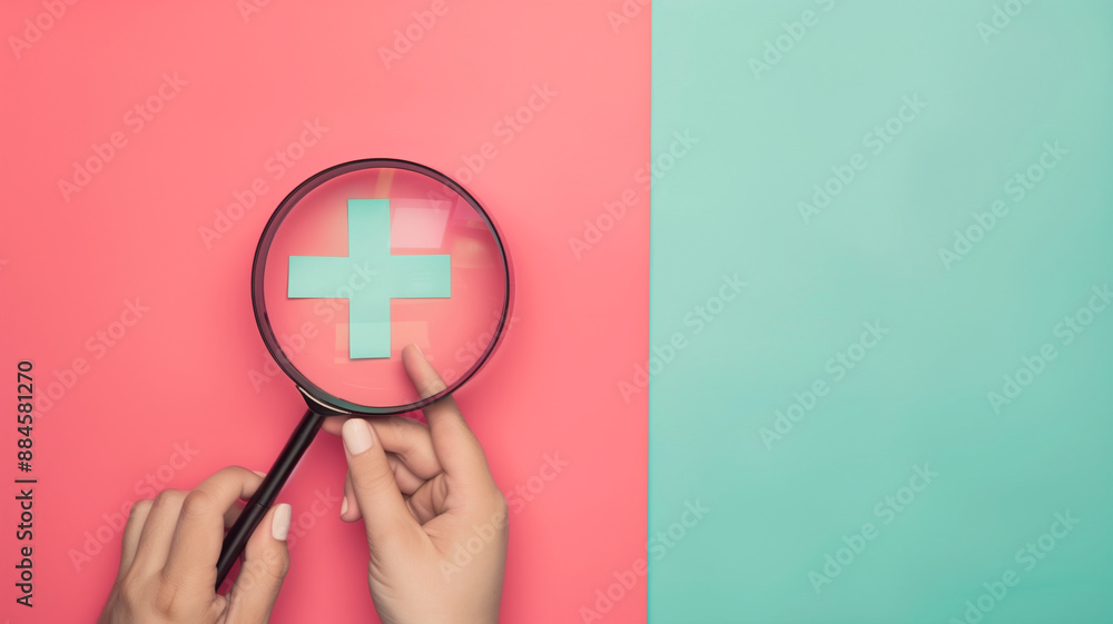 Magnifier housed in a beautiful woman's hand with medical icons and plus sign: image of medical care concept.医療アイコンとプラス記号を持つ美しい女性の手に収められた拡大鏡:医療ケアコンセプトのイメージ。Generative AI Magnifier housed in a beautiful woman's hand with medical icons and plus sign: image of medical care concept.医療アイコンとプラス記号を持つ美しい女性の手に収められた拡大鏡:医療ケアコンセプトのイメージ。Generative AI