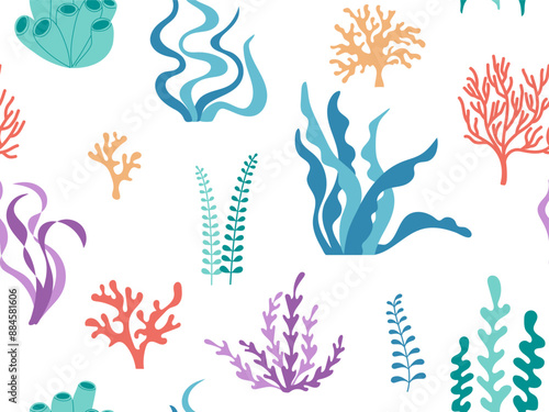 Cute abstract Seaweed seamless pattern. Colorful kids underwater background. Summer ocean under sea pattern for wallpaper, package, cover, textile design