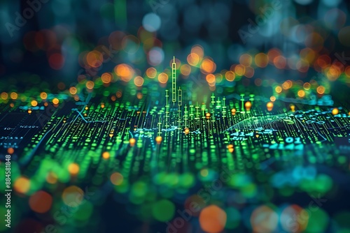 Visual representation of increasing stock market performance with vibrant green background, line graphs showing rising trends, and an upward arrow symbolizing higher prices.