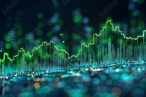 Visual representation of increasing stock market performance with vibrant green background, line graphs showing rising trends, and an upward arrow symbolizing higher prices.