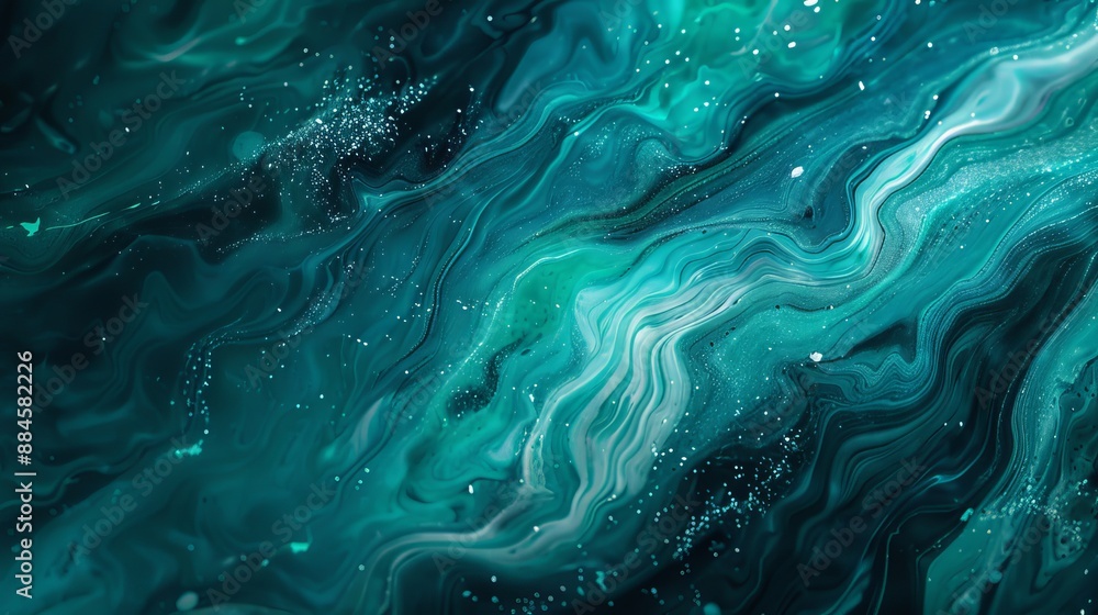 Shimmering green and blue paint creates a wavy abstract background. The defocused liquid paint has a grainy texture with areas of free space. Shimmering green and blue paint creates a wavy abstract background. The defocused liquid paint has a grainy texture with areas of free space.