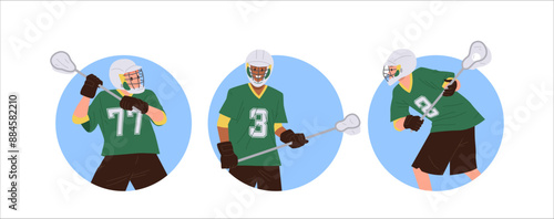 Lacrosse team advertising, professional game player cartoon character isolated round composition set