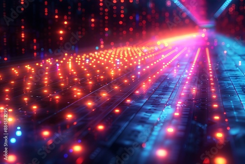 Abstract stocks marketing and technology background with a dynamic display of lights in vibrant hues representing global connectivity and innovation.