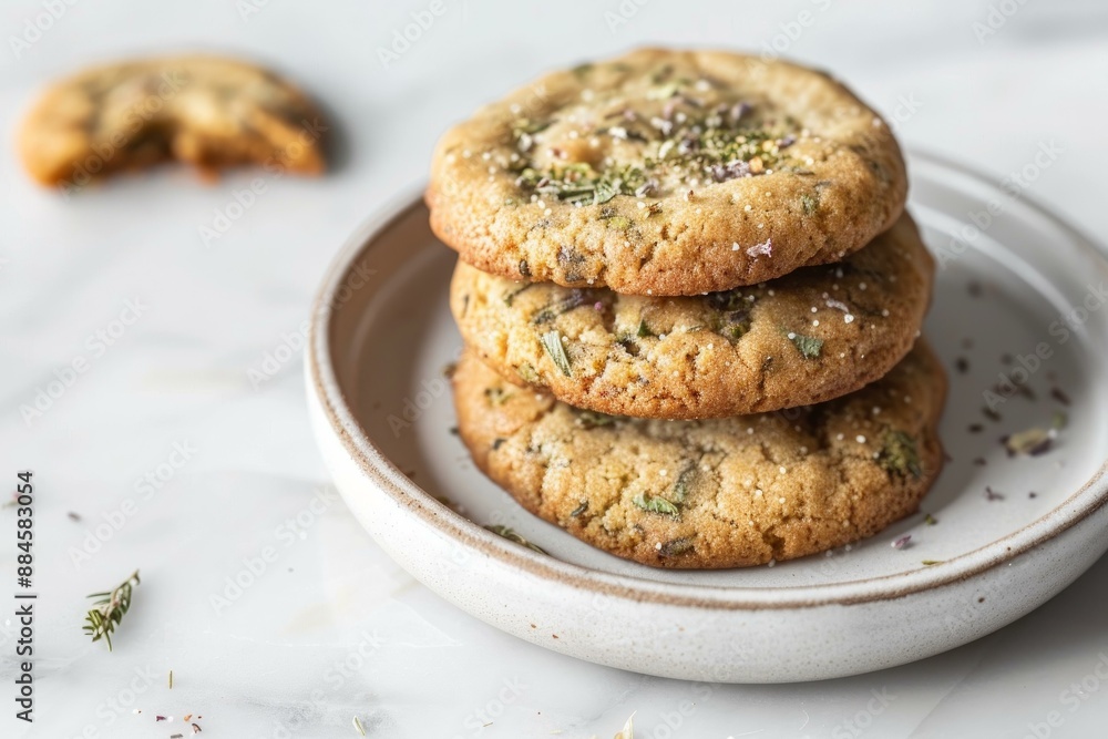 Stack of freshly baked lavender shortbread cookies garnished with herbs on a ceramic plate Stack of freshly baked lavender shortbread cookies garnished with herbs on a ceramic plate