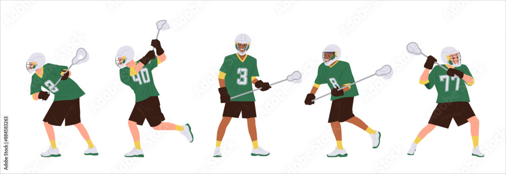 Fototapeta premium Lacrosse team sportsmen cartoon characters wearing uniform and helmet holding game equipment