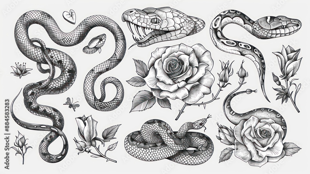 Fototapeta premium Snakes and Roses Illustration