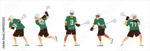 Lacrosse team sportsmen cartoon characters wearing uniform and helmet holding game equipment