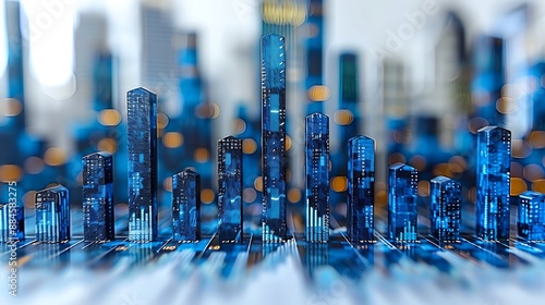 An impactful bar graph showcasing a sharp rise in stock values, with bars in contrasting shades of blue, set against a minimalist white surface.