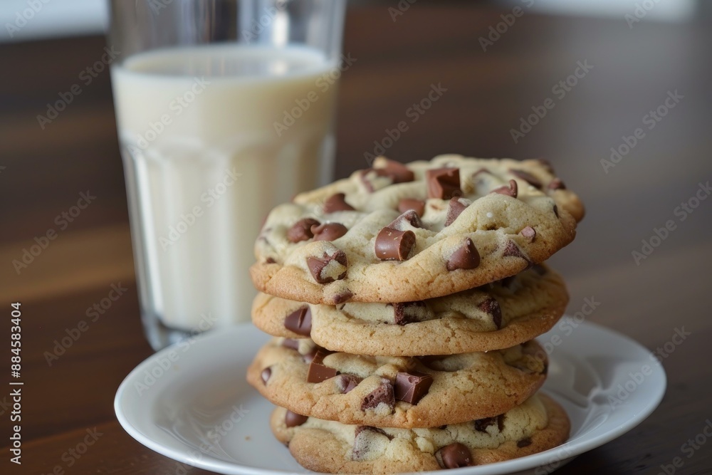 Stack of homemade chocolate chip cookies beside a glass of milk Stack of homemade chocolate chip cookies beside a glass of milk