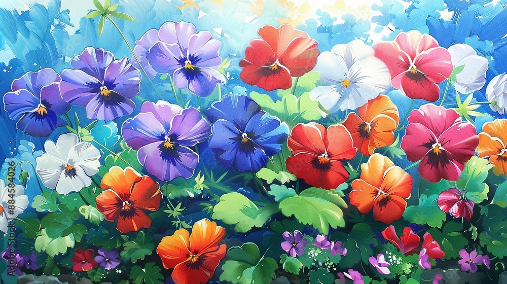Painting of a field of flowers with a blue sky in the background and a painting of red, white, and purple flowers in the foreground Painting of a field of flowers with a blue sky in the background and a painting of red, white, and purple flowers in the foreground