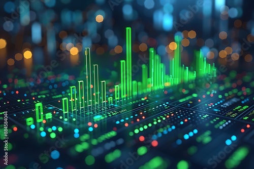 A dynamic bar graph showcasing a sudden surge in stock values, with vibrant green bars shooting upwards against a dark background, symbolizing unprecedented market growth. photo