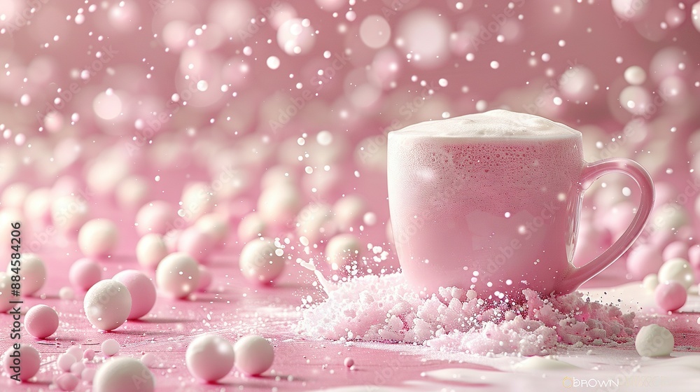 A pink coffee cup sits amidst white balls and sprinkles on a pink-white tablecloth A pink coffee cup sits amidst white balls and sprinkles on a pink-white tablecloth