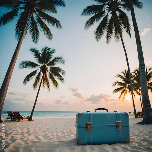 Maleta sobre la arena en una playa tropical con un atardecer 
