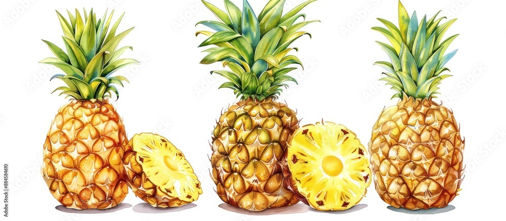 Three Fresh Pineapples Watercolor Illustration Three Fresh Pineapples Watercolor Illustration