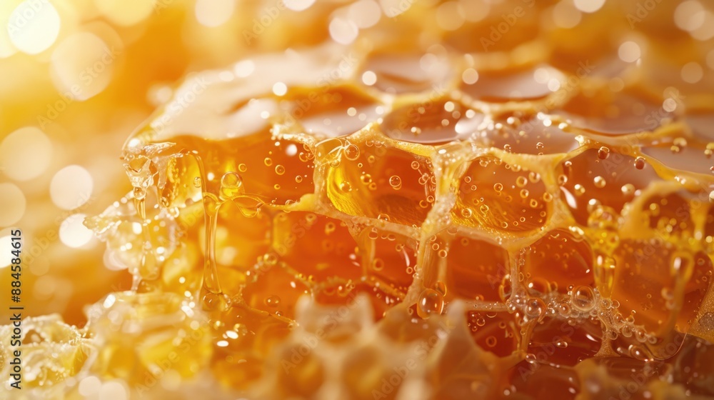 A detailed close-up of golden yellow honeycombs under sunlight, revealing the natural, sweet honey stored in the hexagonal beeswax cells for a healthy, nutritious treat. A detailed close-up of golden yellow honeycombs under sunlight, revealing the natural, sweet honey stored in the hexagonal beeswax cells for a healthy, nutritious treat.