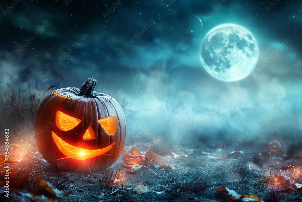 Single pumpkin with a spooky grin, set against a foggy night background with a full moon, creating a classic Halloween scene Single pumpkin with a spooky grin, set against a foggy night background with a full moon, creating a classic Halloween scene