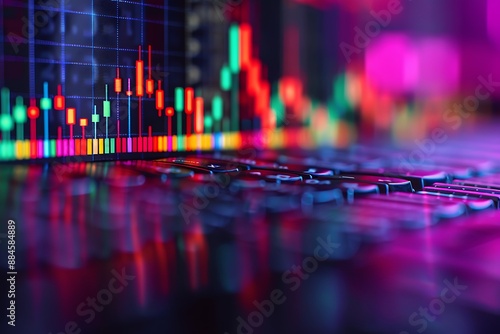 A dynamic stock price chart with colorful candlestick patterns depicting a bullish market trend. Vibrant colors and detailed index graphics symbolize financial growth and market momentum.