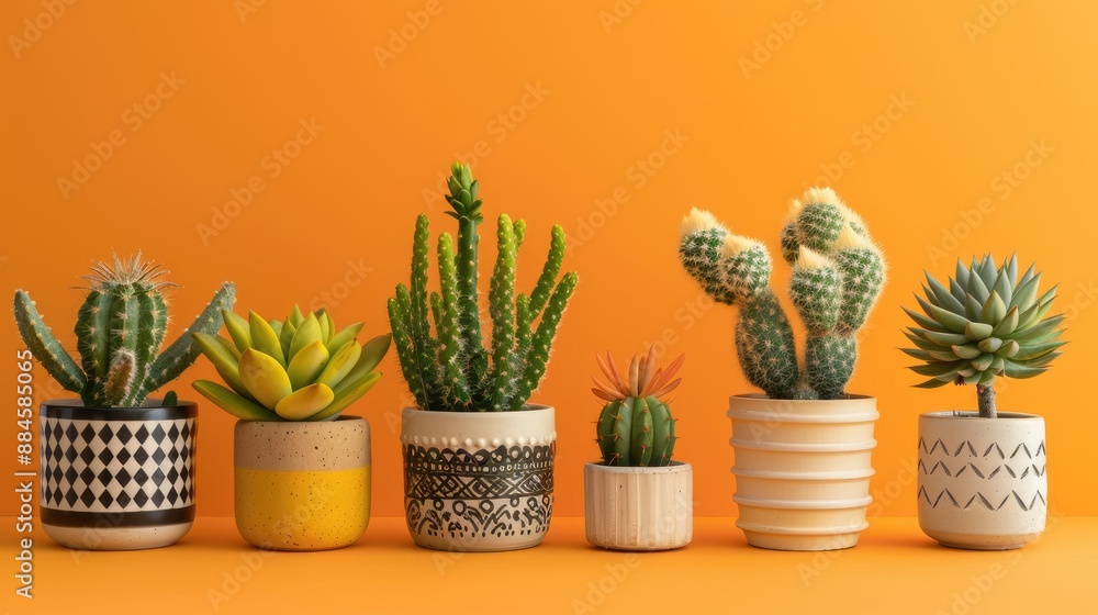 Various succulents in decorative pots with cacti in studio on vibrant orange backdrop Various succulents in decorative pots with cacti in studio on vibrant orange backdrop