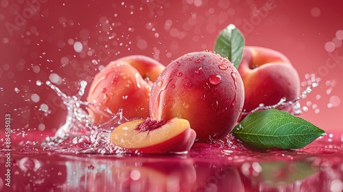 Drops of water fall around the whole peach and the cut half on a bright red background, emphasizing the freshness and juiciness of the fruit.