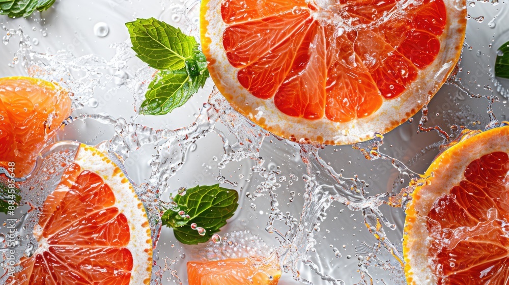 Grapefruit sliced in half, water splashing over it, with mint leaves adding a touch of green, all against a clean white backdrop.