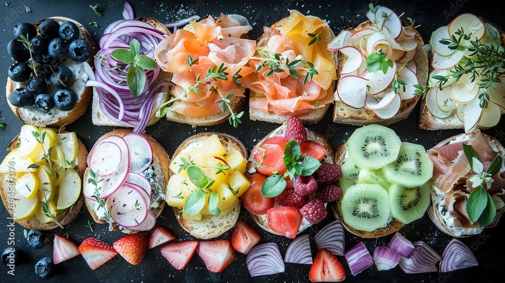 A black surface displays various fruits and vegetables arranged in a pleasing manner A black surface displays various fruits and vegetables arranged in a pleasing manner