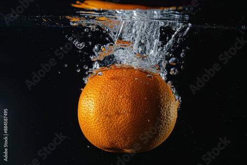 Fresh Cara Cara Orange falling into the water with a splash on a black background