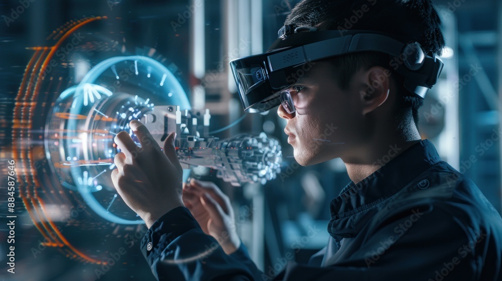 Man Wearing VR Headset Interacts with Virtual Reality Interface Man Wearing VR Headset Interacts with Virtual Reality Interface