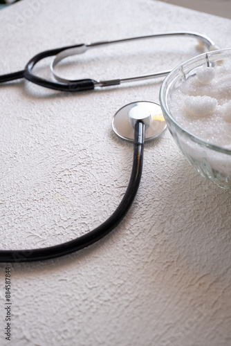 stethoscope and granulated sugar on a white background photo