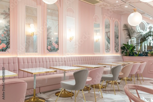 Pink cafe interior with patterned walls, gold accents, and marble tables