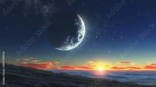   A painting depicts a crescent moon against a sunset background, with clouds visible in the foreground