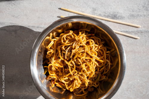 noodles with mushrooms and soy sauce close-up