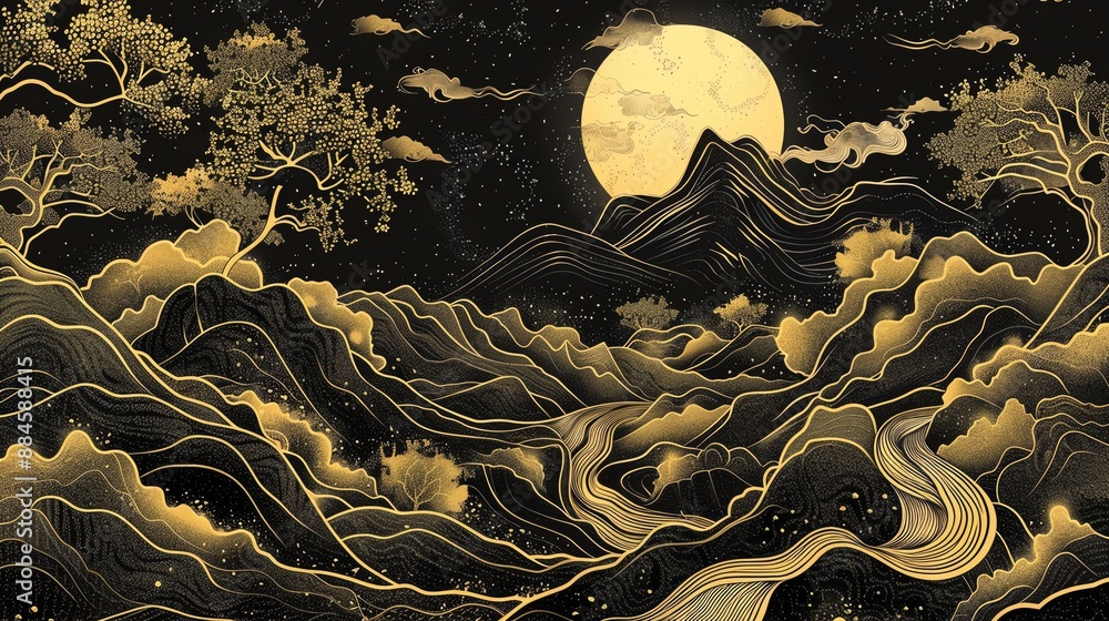 Obraz premium Stunning artistic illustration of a detailed nighttime landscape with a full moon, mountains, and swirling patterns.