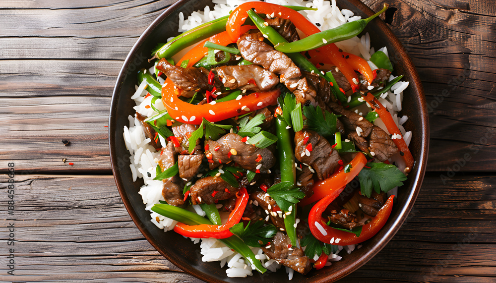 Stir frying beef with sweet peppers, green beans and rice. Top view Stir frying beef with sweet peppers, green beans and rice. Top view