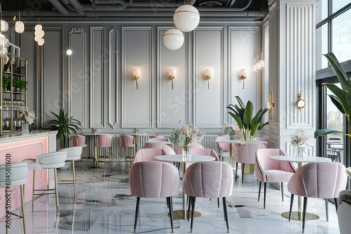 A modern cafe interior with pink chairs, marble floors, and large windows