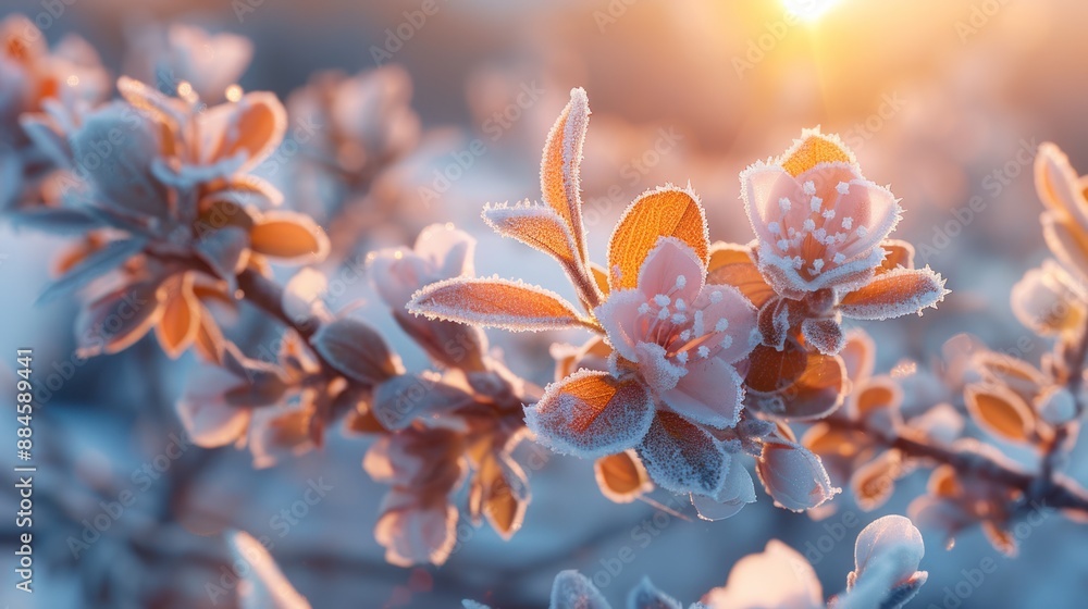 A branch of cherry blossoms is covered with frost, and the sun shines behind the branches, creating a warm glow. A branch of cherry blossoms is covered with frost, and the sun shines behind the branches, creating a warm glow.