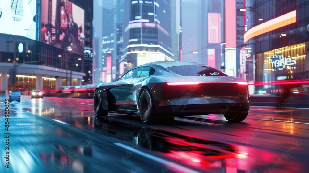 Futuristic Car Driving Through a City at Night Futuristic Car Driving Through a City at Night