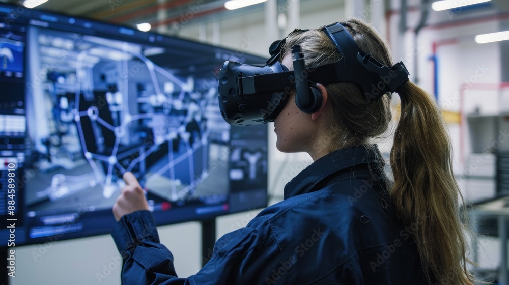 Woman Wearing VR Headset Interacting With Virtual Reality Design Woman Wearing VR Headset Interacting With Virtual Reality Design