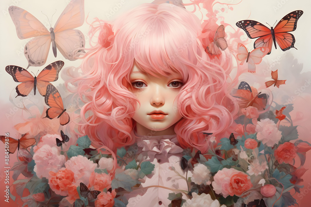 Pink Hair Girl with Butterflies
