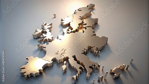 Metallic 3D map of the United Kingdom protrudes from a light background, featuring abstract, futuristic, and conceptually striking sculptural design elements. photo