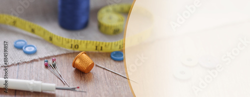 Wide banner, handmade background. Needle thread. Copy space