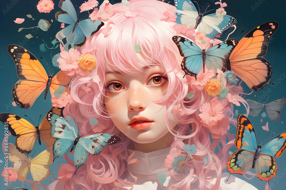 Girl with Butterflies and Flowers Girl with Butterflies and Flowers