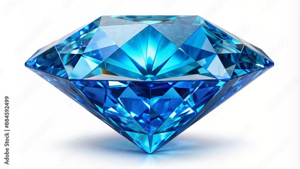 Vibrant blue diamond gemstone with precise cut and sparkling facets isolated against a crisp clean pure white background. Vibrant blue diamond gemstone with precise cut and sparkling facets isolated against a crisp clean pure white background.