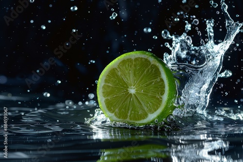 Fresh Key Lime falling into the water with a splash on a black background