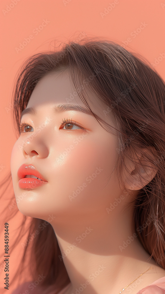 Beautiful Asian Woman with Natural Makeup on Coral Background, Close-up Portrait for Skincare and Beauty Advertising, Radiant and Youthful Glow Beautiful Asian Woman with Natural Makeup on Coral Background, Close-up Portrait for Skincare and Beauty Advertising, Radiant and Youthful Glow