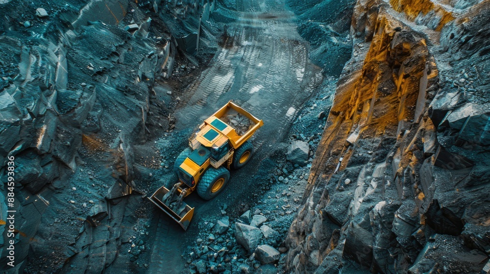 Yellow excavator working in an open rocky quarry on a sunny day. Yellow excavator working in an open rocky quarry on a sunny day.