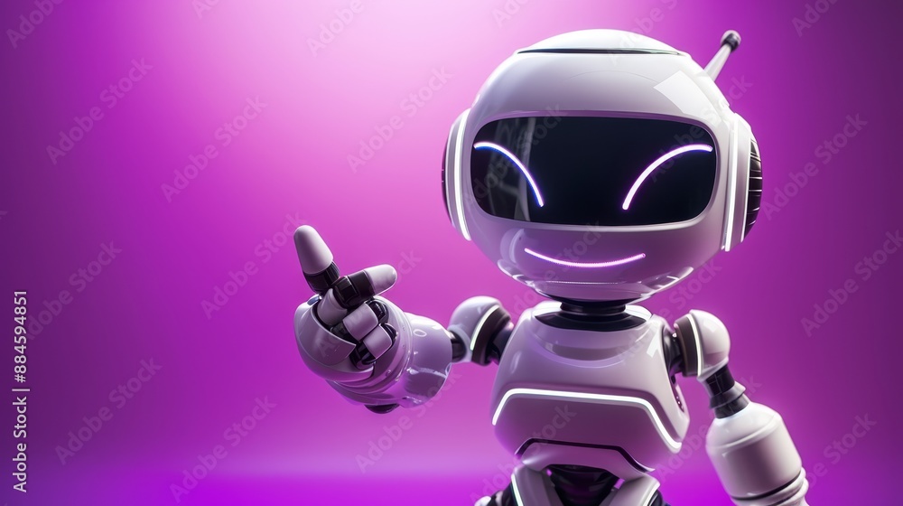 Friendly cartoon robot with pointing hand and winking eye isolated on purple background. Robot for customer support chatbot. Represents the concept of technology and robotic toys. Friendly cartoon robot with pointing hand and winking eye isolated on purple background. Robot for customer support chatbot. Represents the concept of technology and robotic toys.