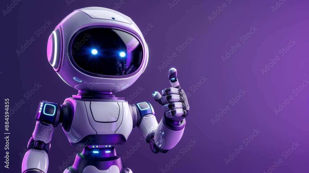Friendly cartoon robot with pointing hand and winking eye isolated on purple background. Robot for customer support chatbot. Represents the concept of technology and robotic toys.