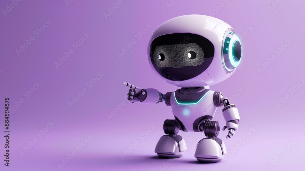 Friendly cartoon robot with pointing hand and winking eye isolated on purple background. Robot for customer support chatbot. Represents the concept of technology and robotic toys. Friendly cartoon robot with pointing hand and winking eye isolated on purple background. Robot for customer support chatbot. Represents the concept of technology and robotic toys.